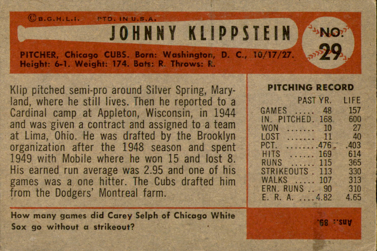 1954 Bowman #29 Johnny Klippstein back image