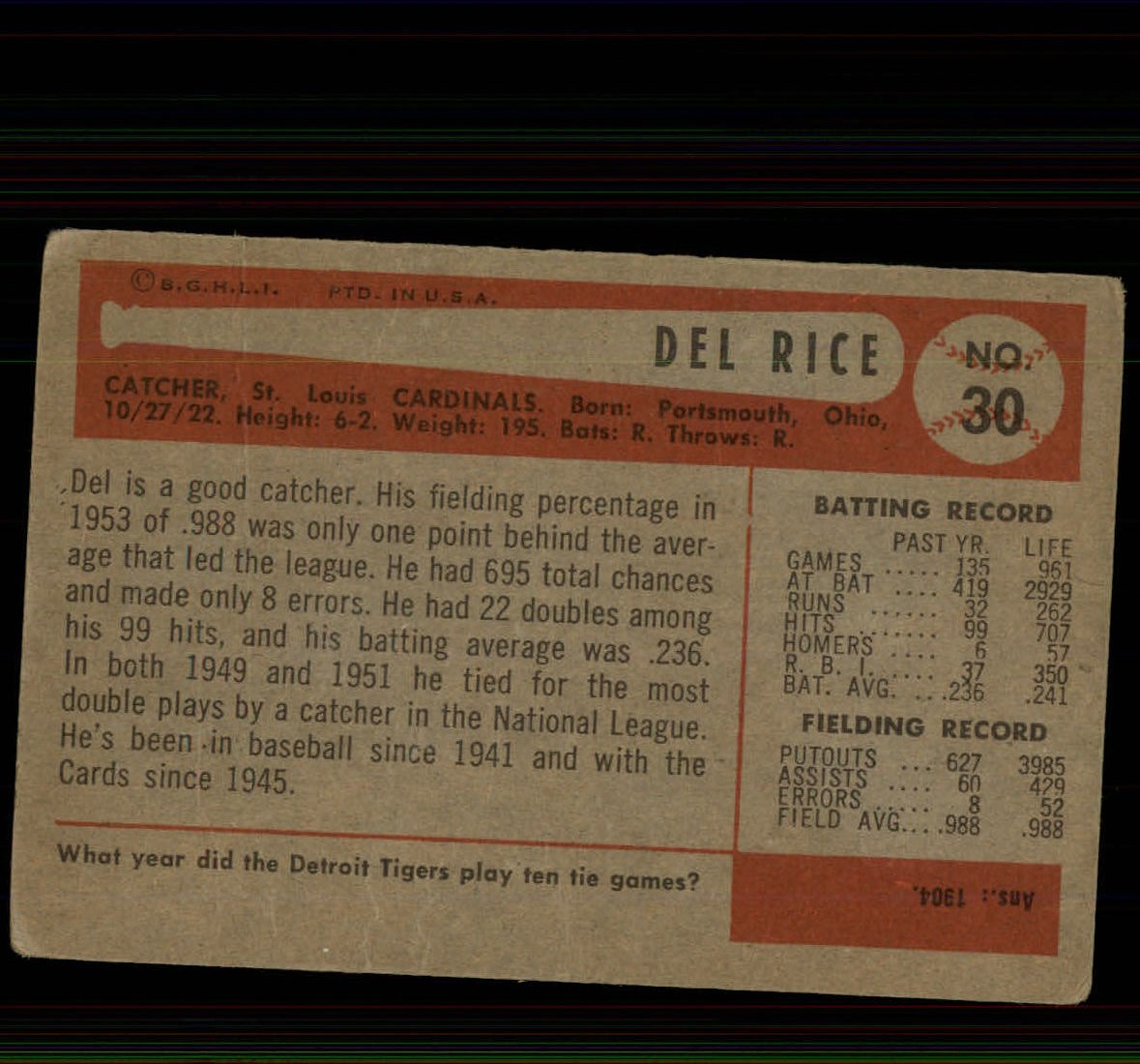 1954 Bowman #30 Del Rice back image