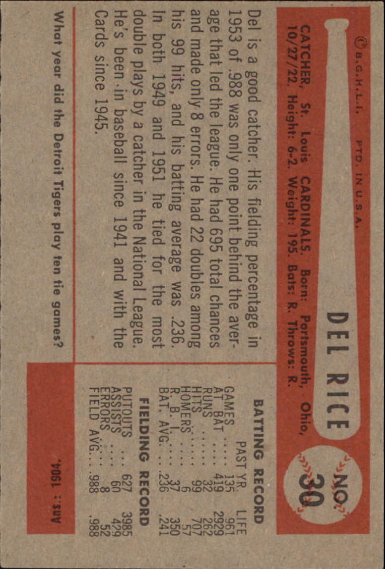 1954 Bowman #30 Del Rice back image