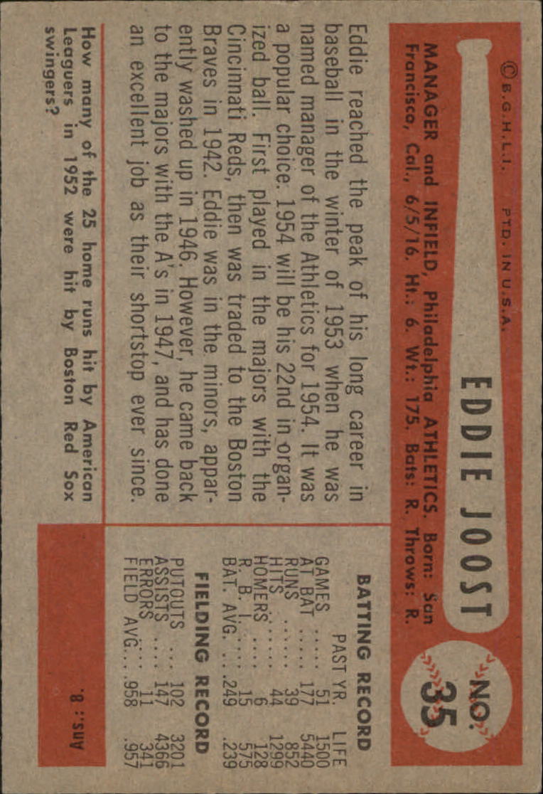 1954 Bowman #35A Eddie Joost Quiz Answer is 8 back image