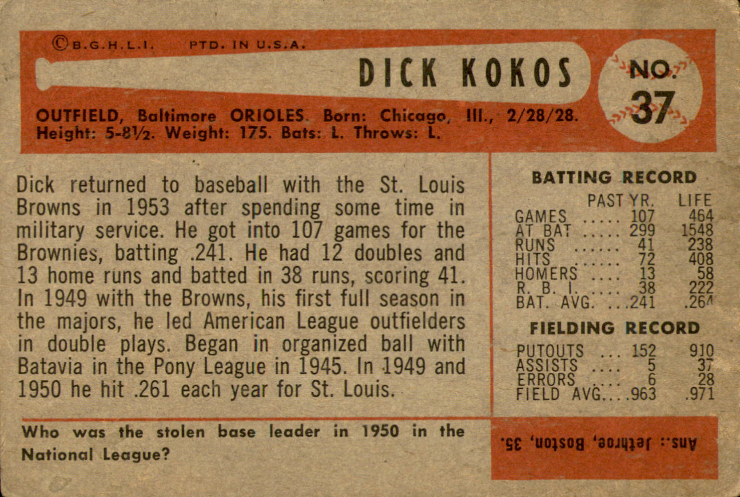 1954 Bowman #37 Dick Kokos back image