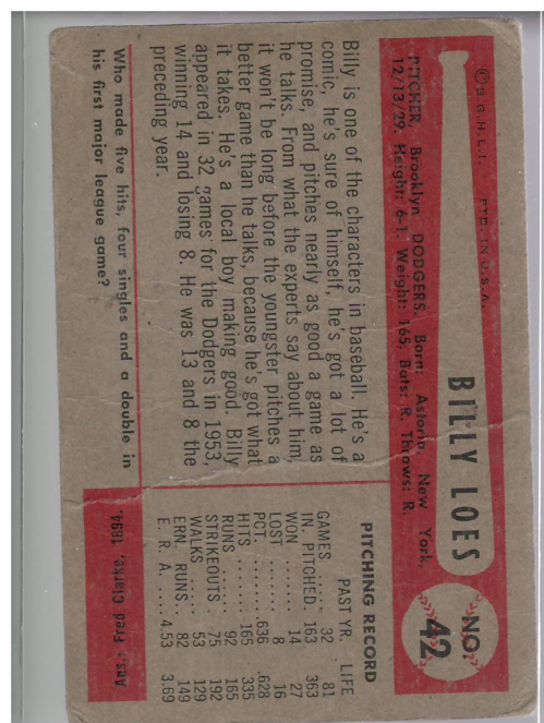 1954 Bowman #42 Billy Loes back image