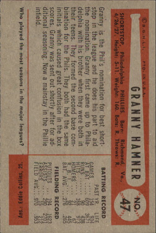 1954 Bowman #47A Granny Hamner/.970/.953 Fielding Avg. back image