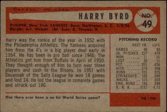 1954 Bowman #49 Harry Byrd back image
