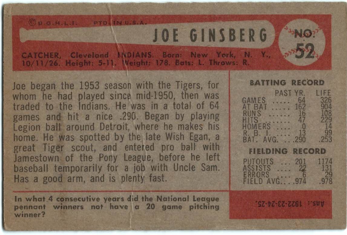 1954 Bowman #52 Joe Ginsberg back image