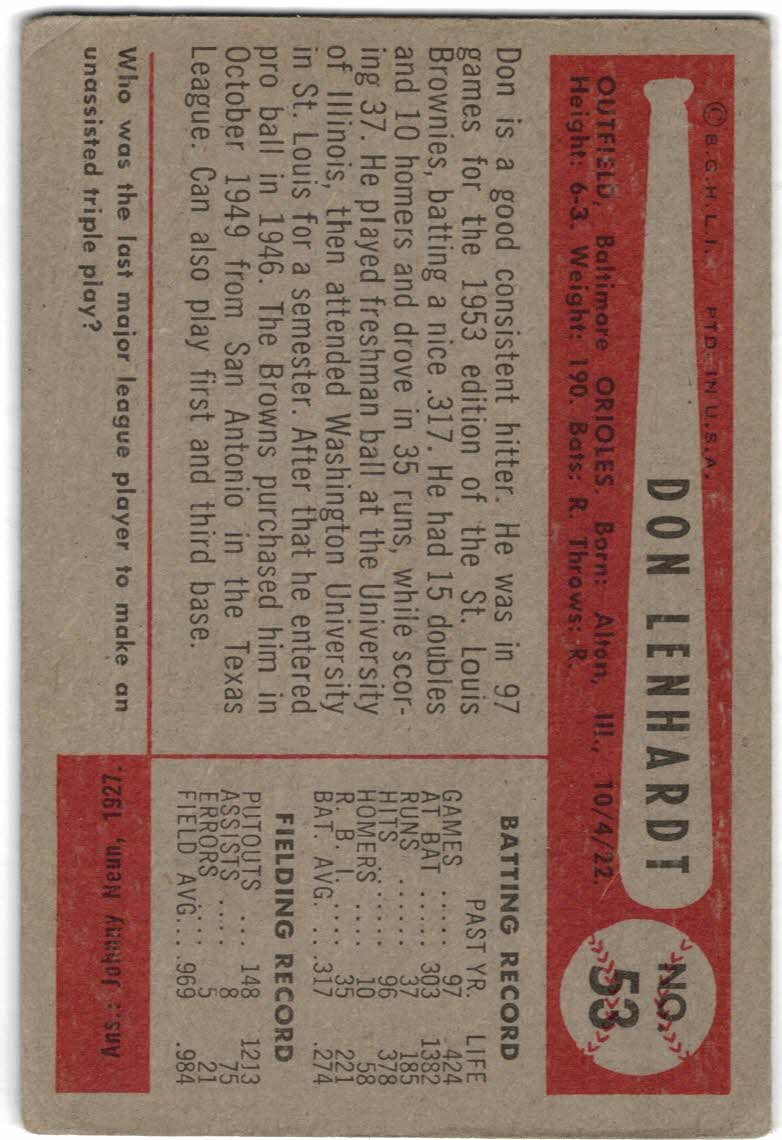 1954 Bowman #53A Don Lenhardt/.969/.984 Fielding Avg. back image