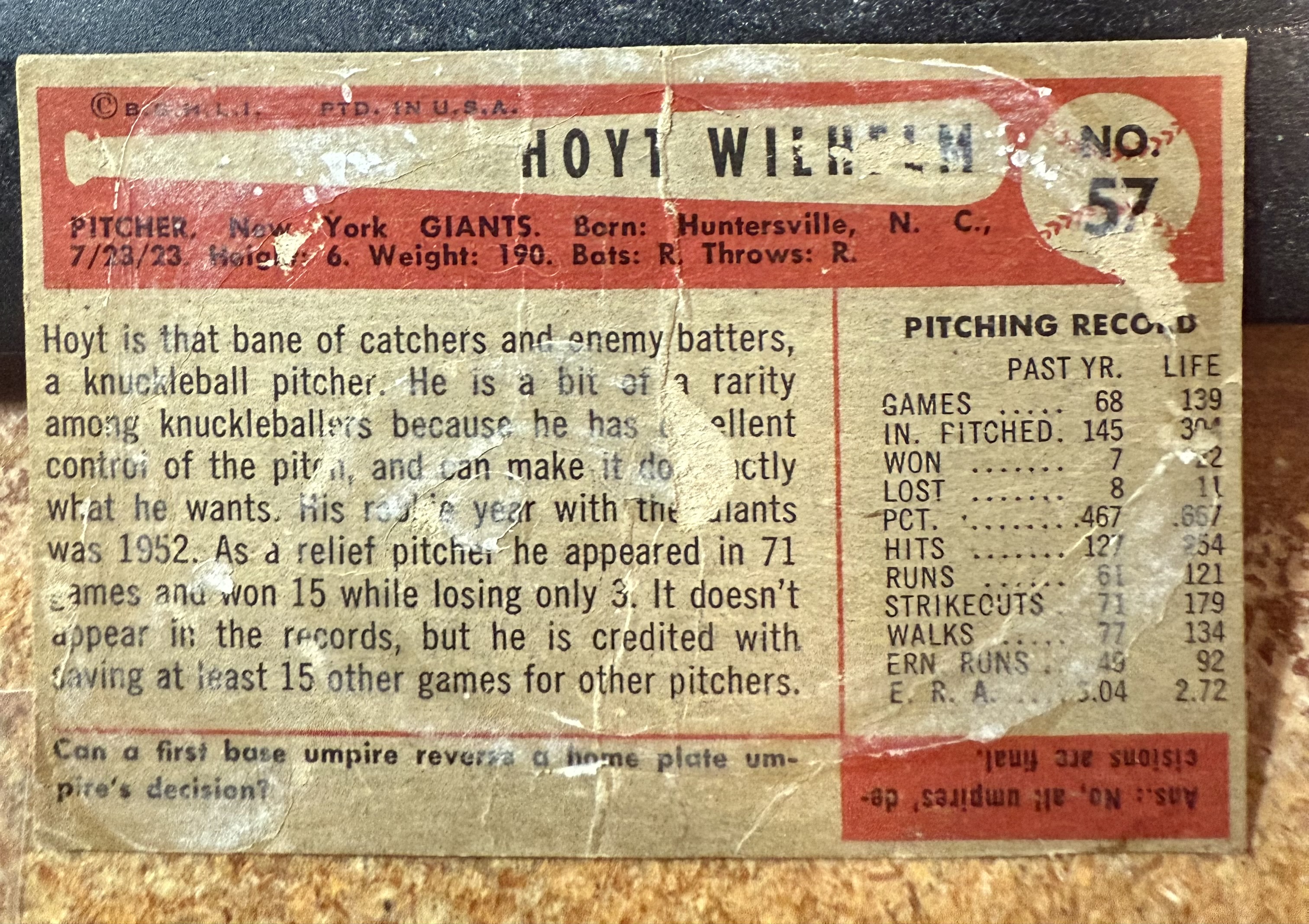 1954 Bowman #57 Hoyt Wilhelm back image