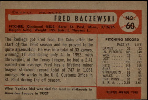 1954 Bowman #60 Fred Baczewski RC back image