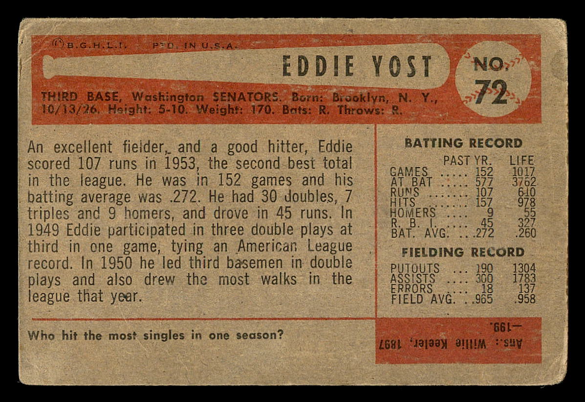 1954 Bowman #72 Eddie Yost back image
