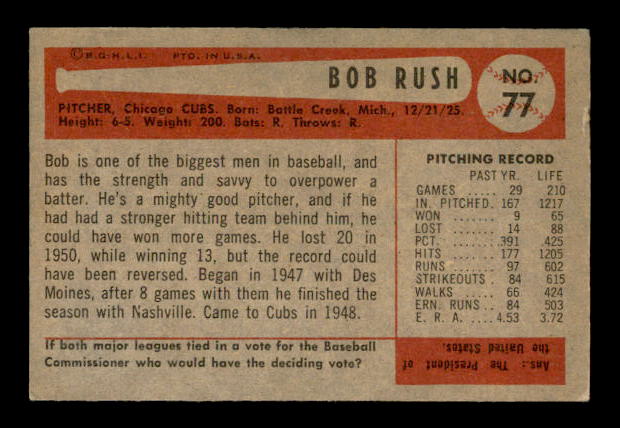 1954 Bowman #77 Bob Rush back image