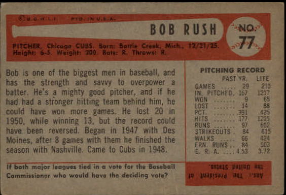 1954 Bowman #77 Bob Rush back image