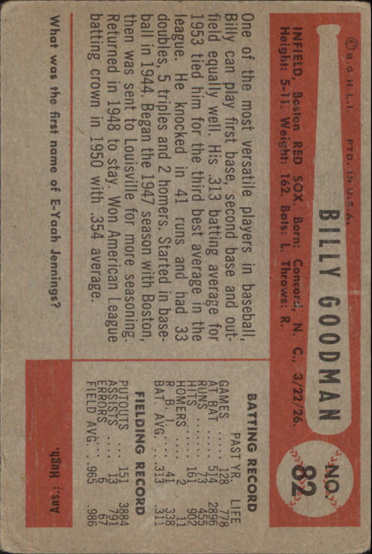 1954 Bowman #82A Bill Goodman/.965/.986 Fielding Avg. back image