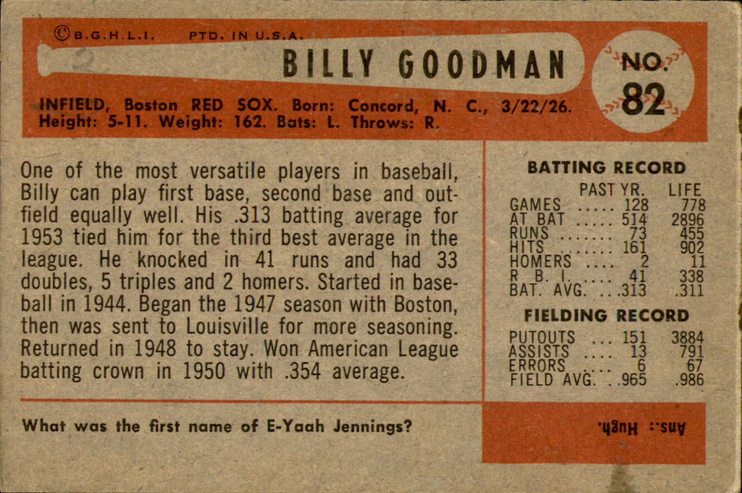 1954 Bowman #82A Bill Goodman/.965/.986 Fielding Avg. back image