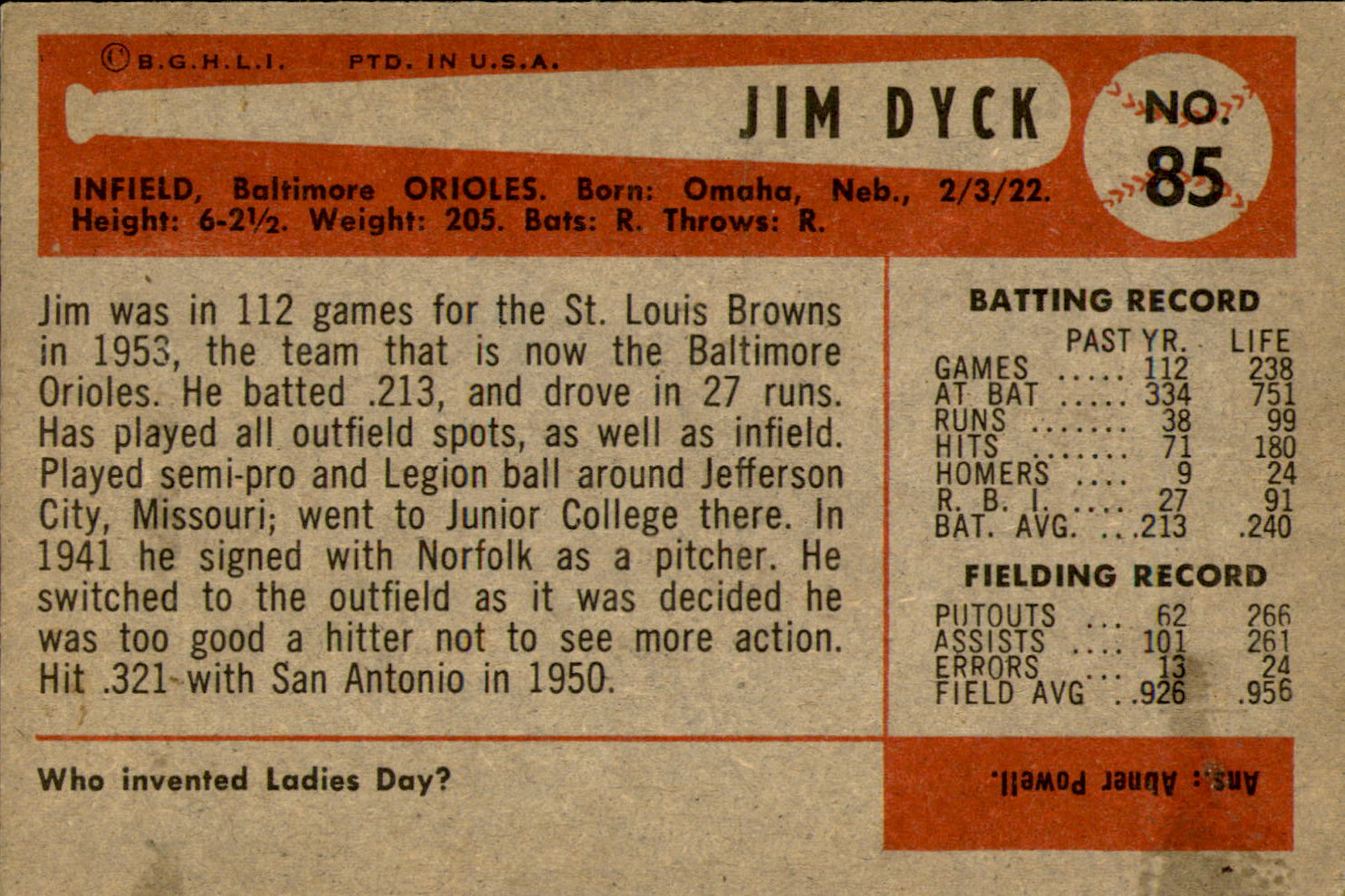 1954 Bowman #85A Jim Dyck/.926/.956 Fielding Avg. back image