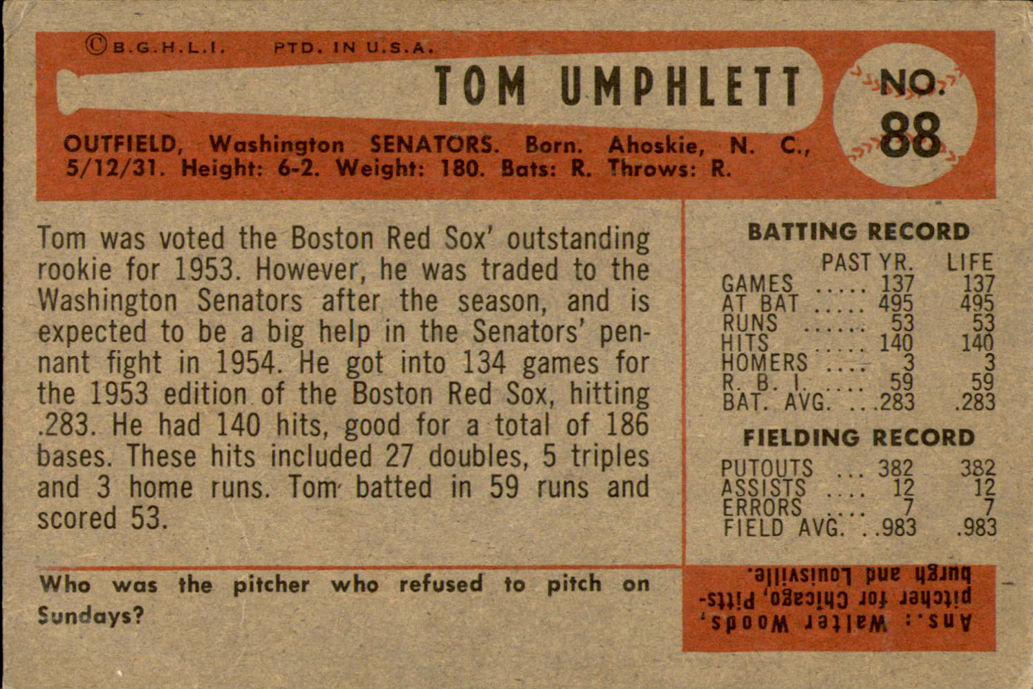 1954 Bowman #88 Tom Umphlett RC back image