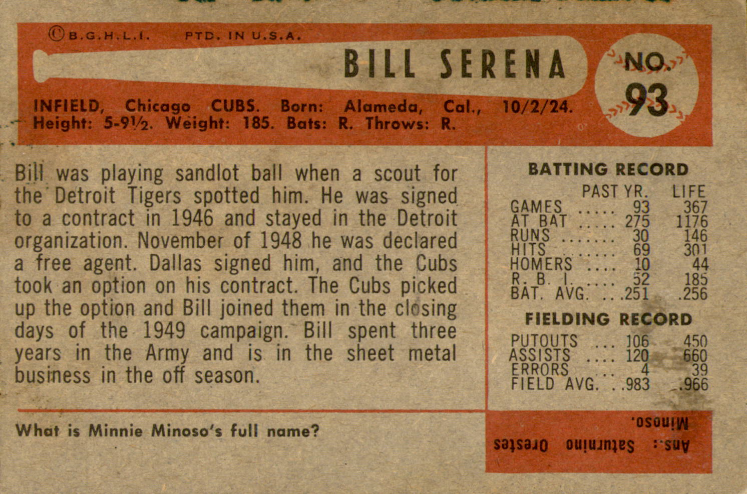 1954 Bowman #93A Bill Serena/.983/.966 Fielding Avg. back image