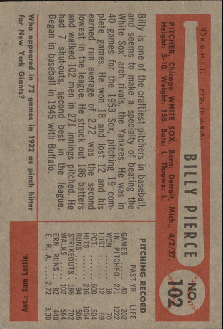 1954 Bowman #102 Billy Pierce back image
