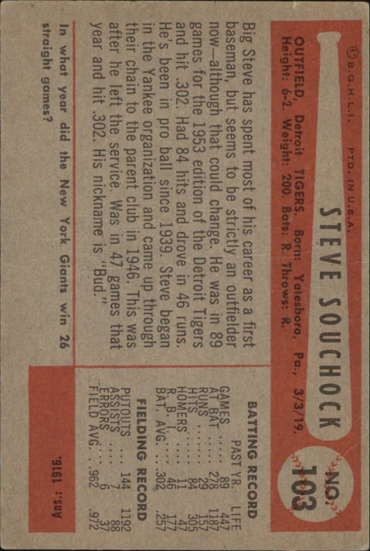1954 Bowman #103A Stephen Souchock/144/1192 Putouts back image