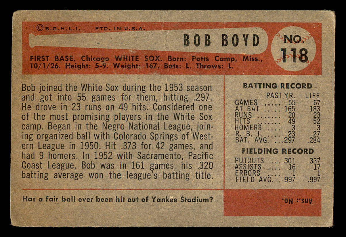 1954 Bowman #118 Bob Boyd back image