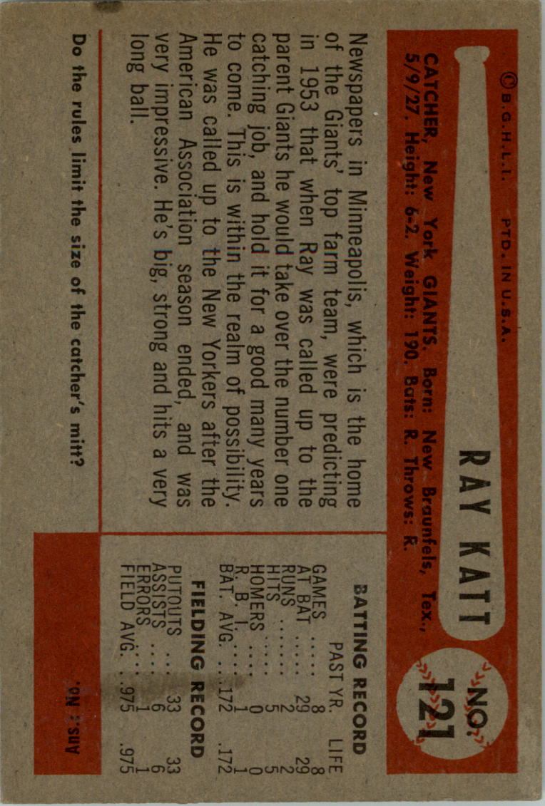 1954 Bowman #121 Ray Katt RC back image