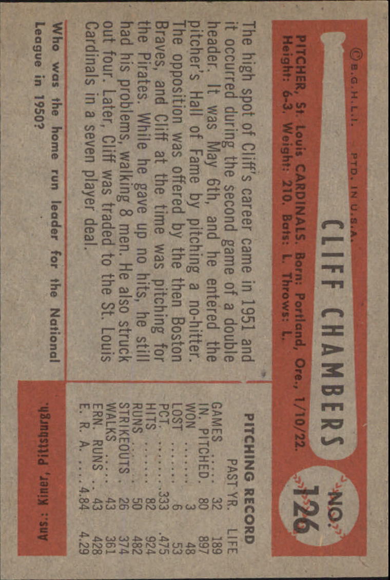 1954 Bowman #126 Cliff Chambers back image