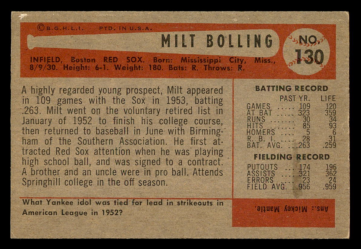 1954 Bowman #130 Milt Bolling back image