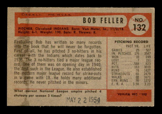 1954 Bowman #132 Bob Feller back image