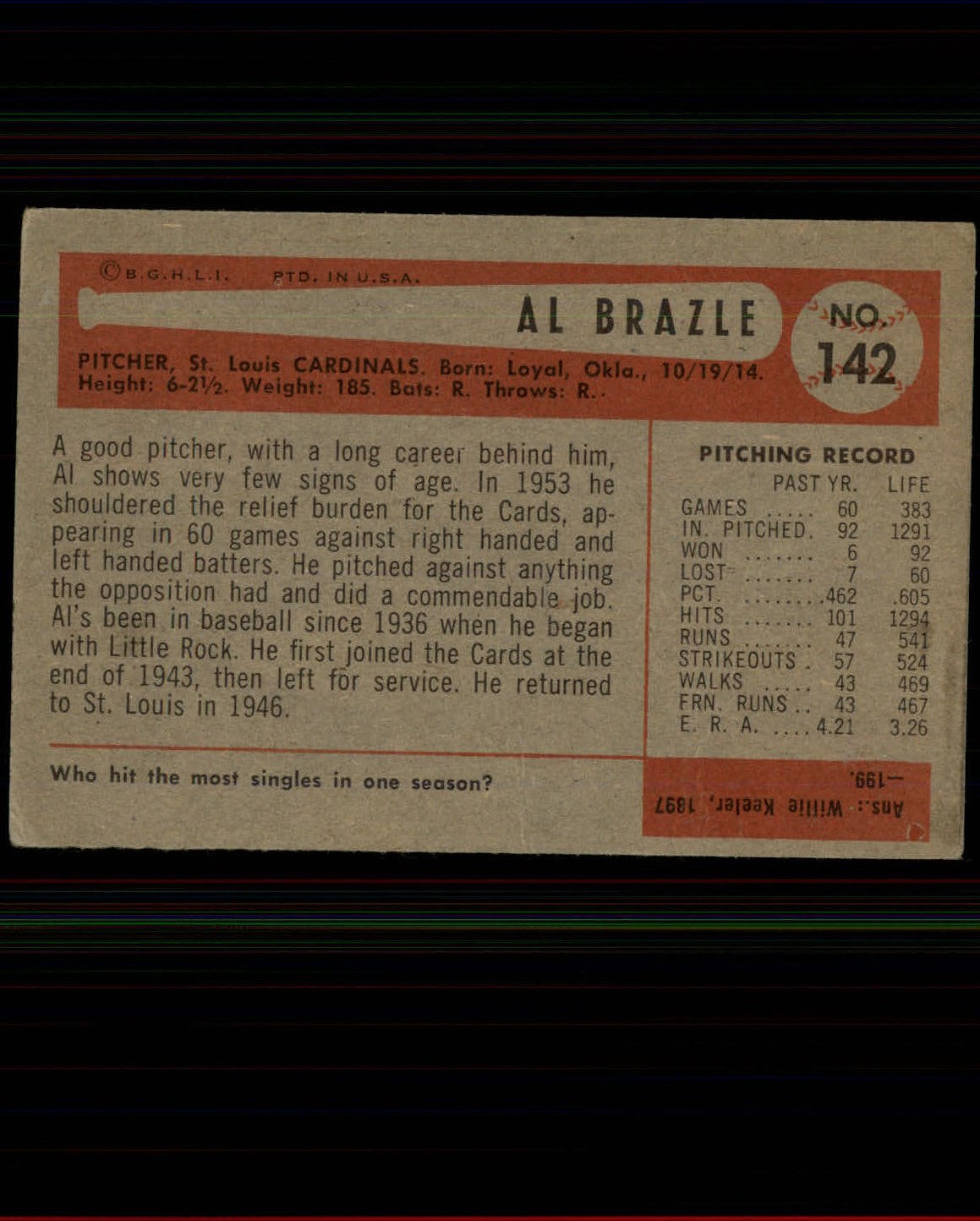 1954 Bowman #142 Al Brazle back image