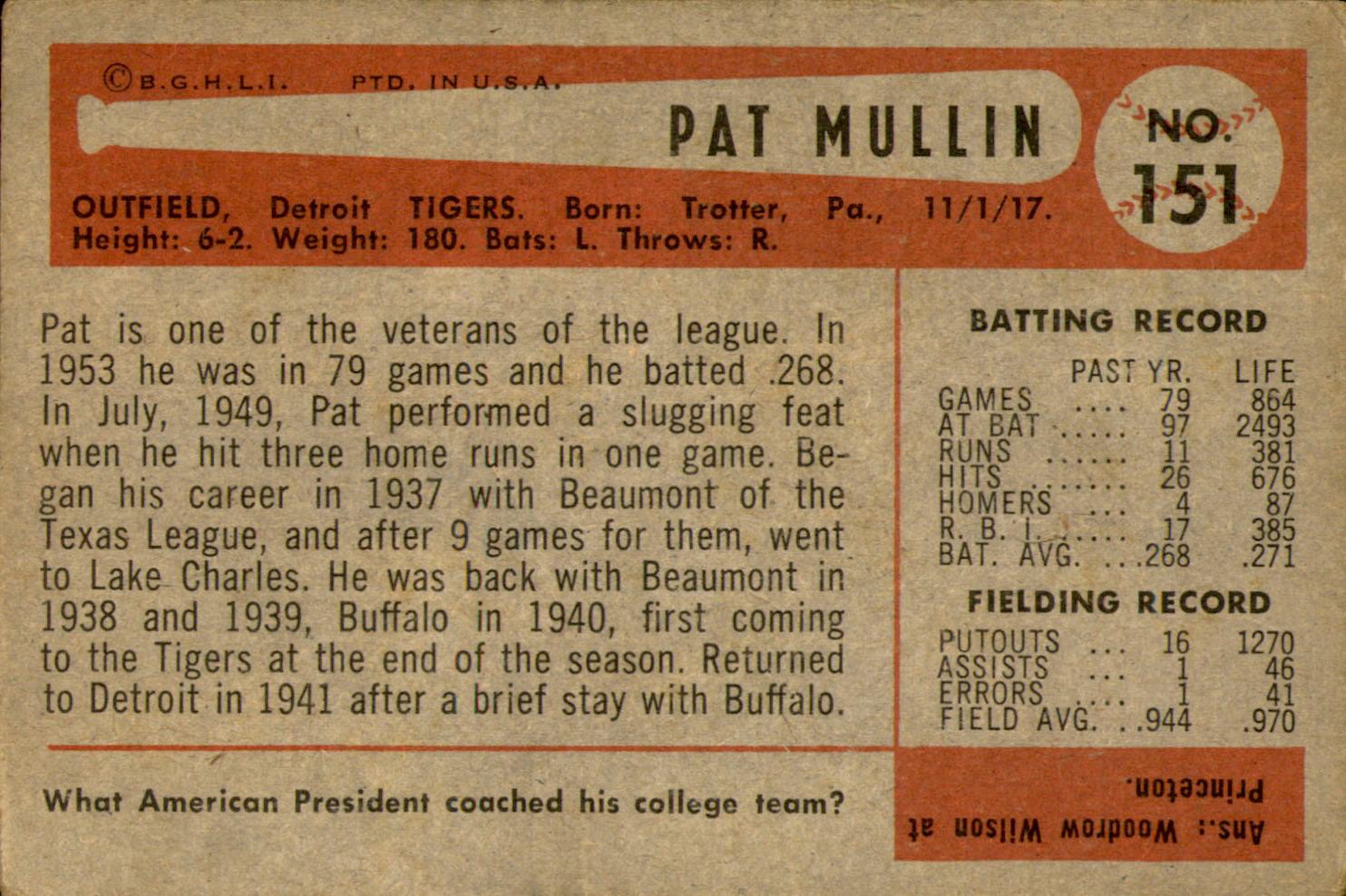 1954 Bowman #151 Pat Mullin back image