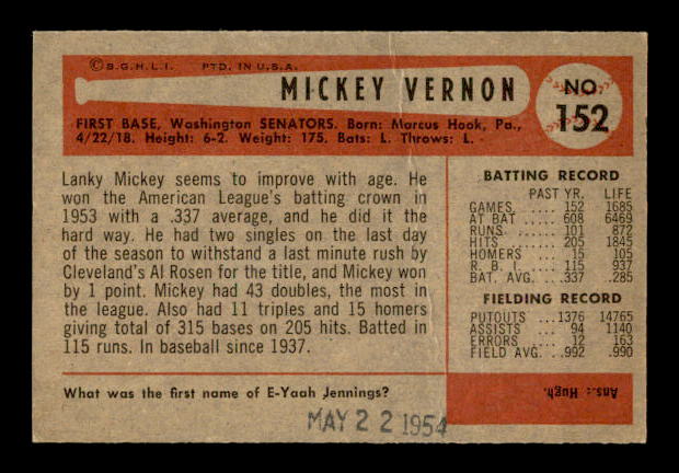 1954 Bowman #152 Mickey Vernon back image