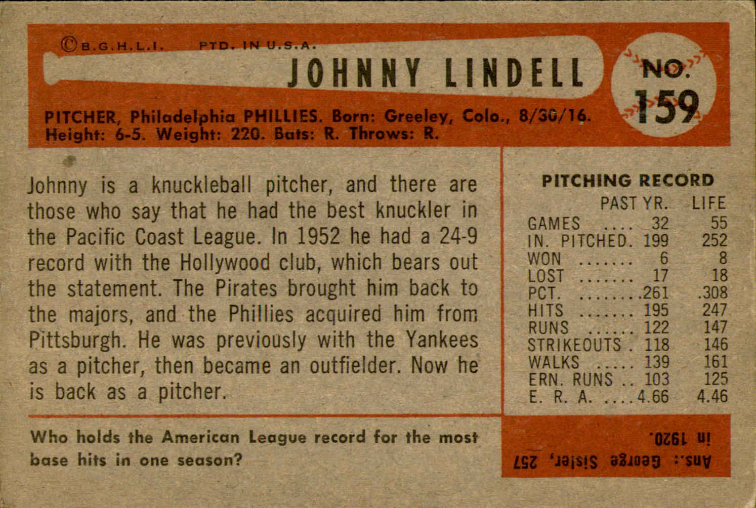 1954 Bowman #159 Johnny Lindell back image