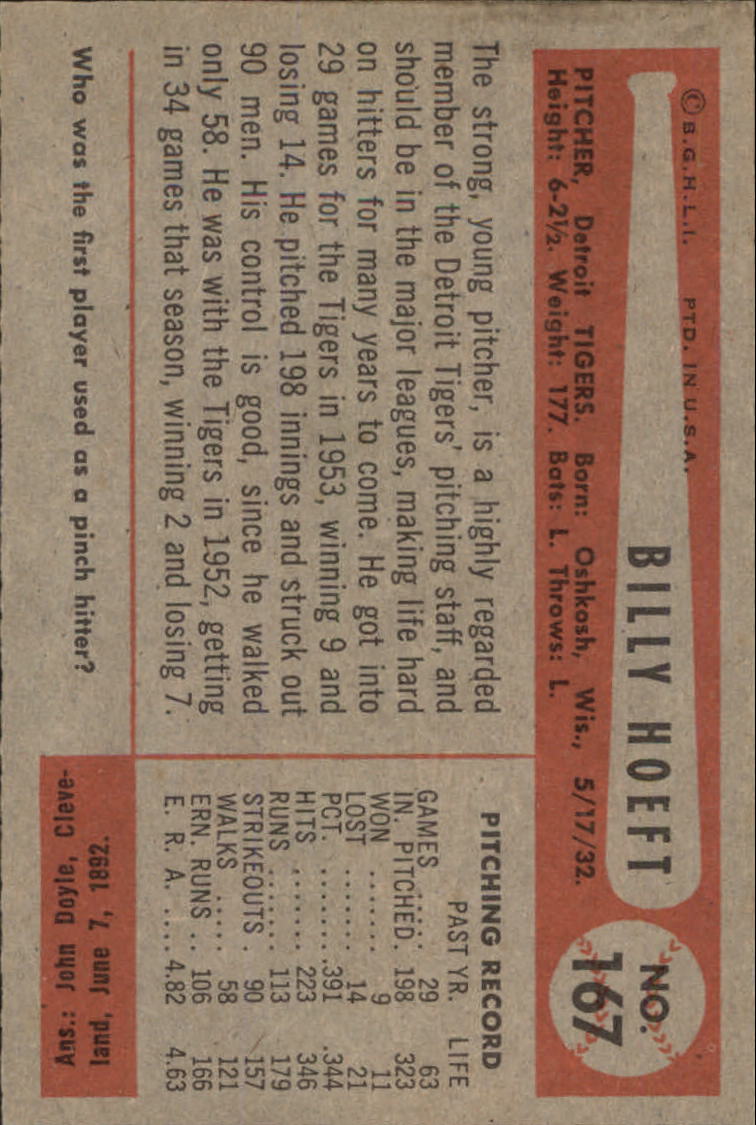 1954 Bowman #167 Billy Hoeft back image