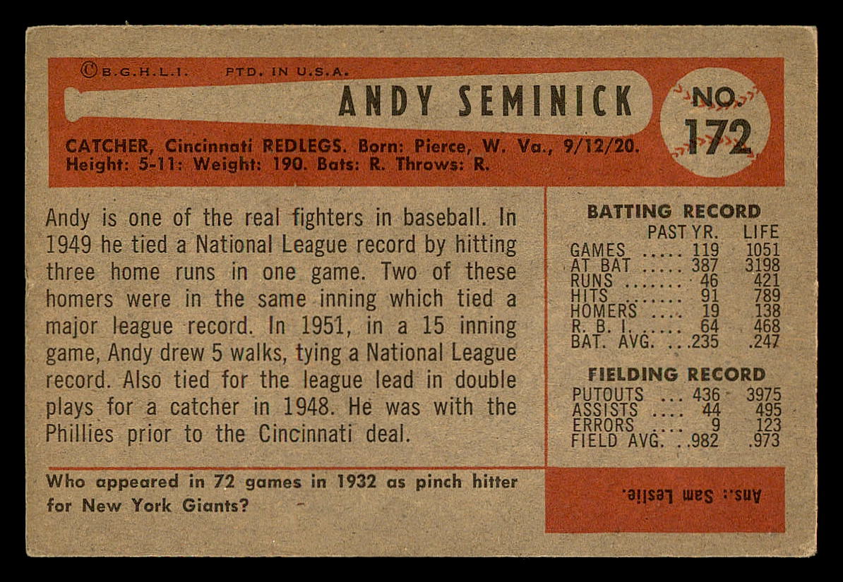 1954 Bowman #172 Andy Seminick back image