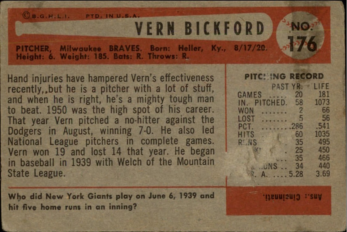 1954 Bowman #176 Vern Bickford back image