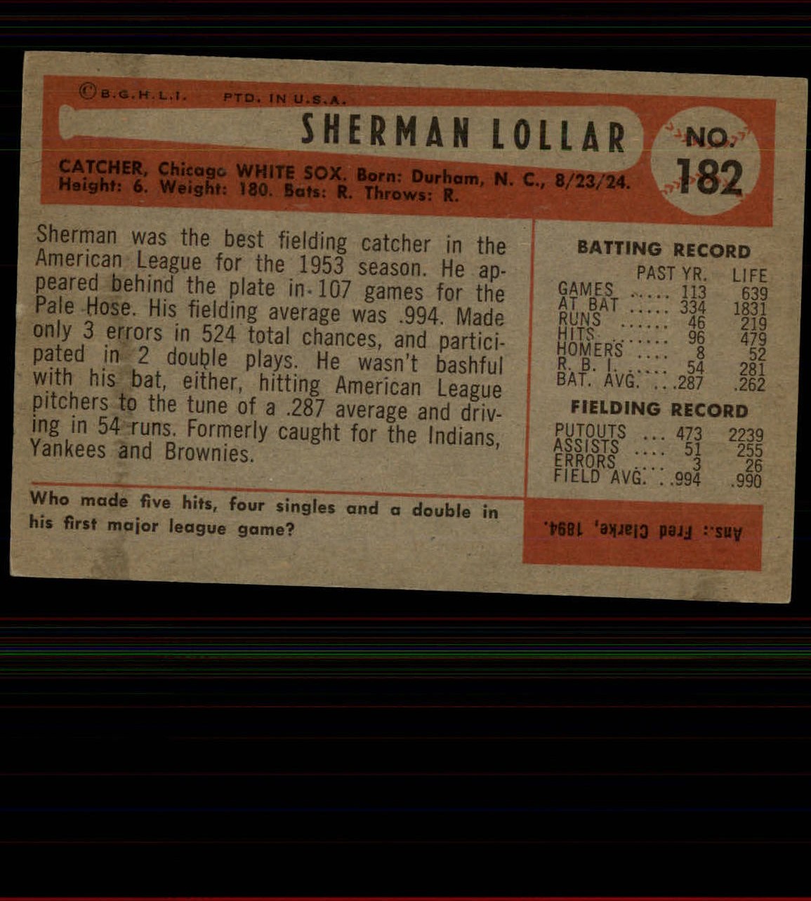 1954 Bowman #182 Sherm Lollar back image
