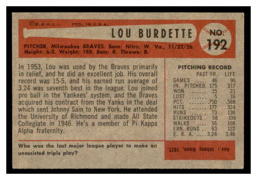 1954 Bowman #192 Lew Burdette back image