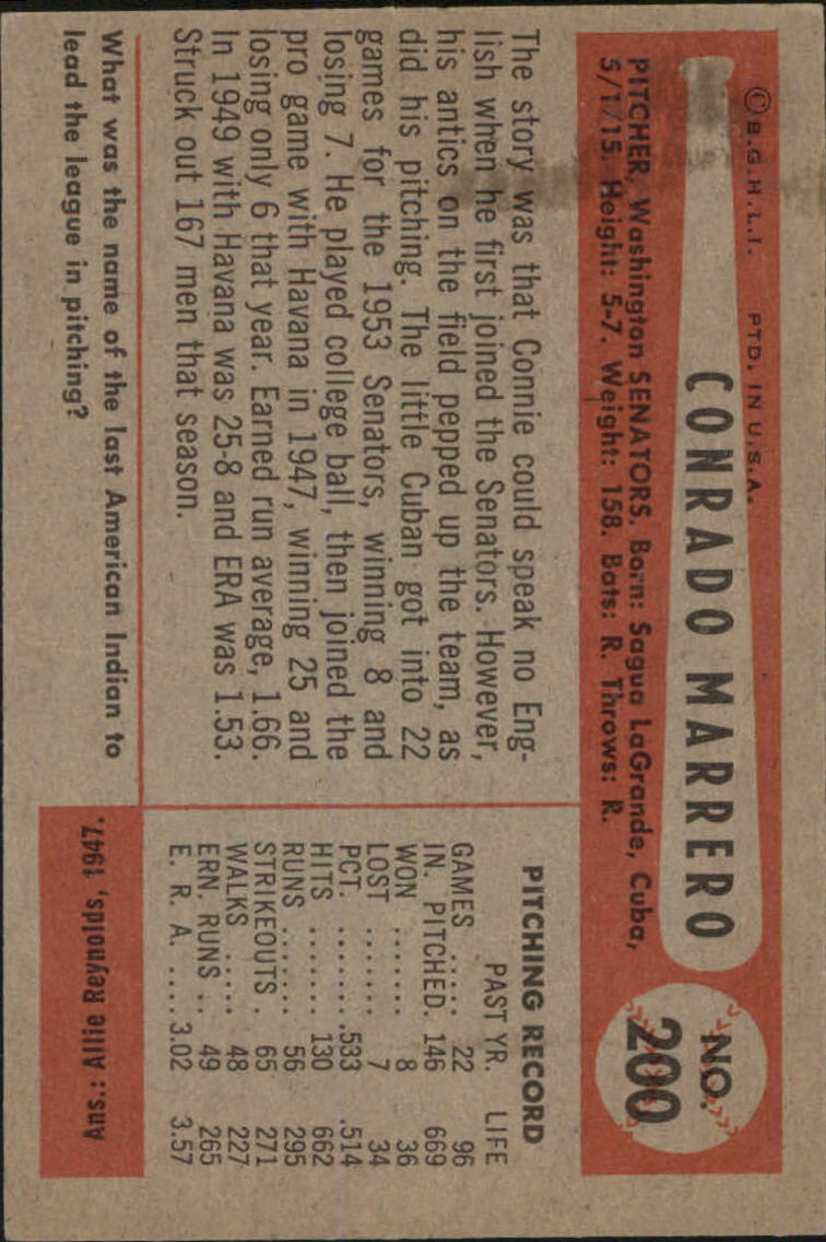 1954 Bowman #200 Conrado Marrero back image