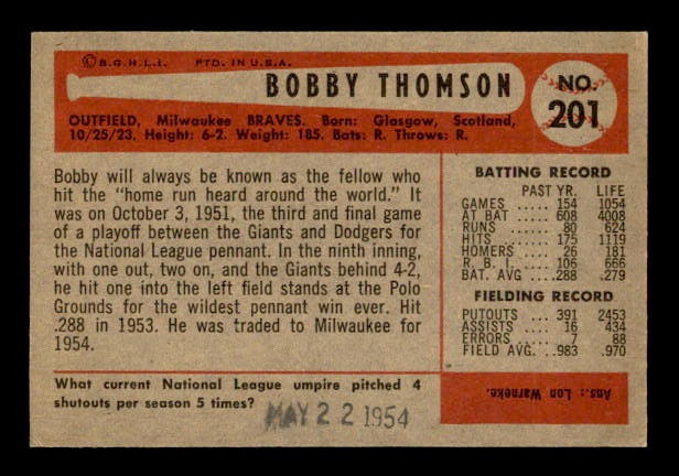 1954 Bowman #201 Bobby Thomson back image