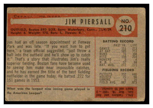 1954 Bowman #210 Jimmy Piersall back image