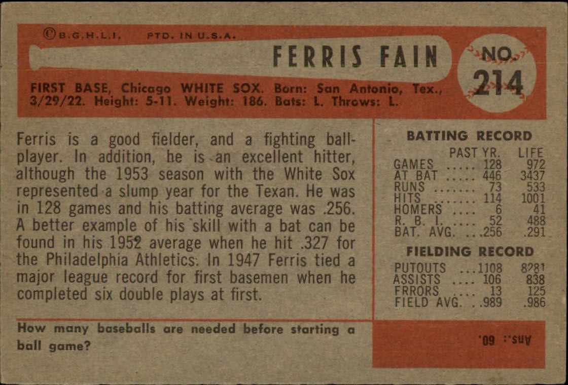 1954 Bowman #214 Ferris Fain back image