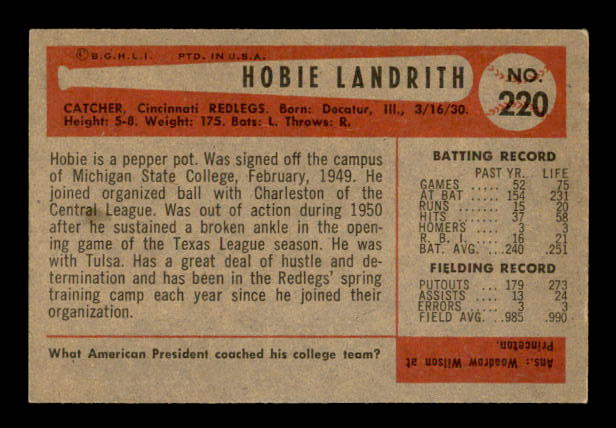 1954 Bowman #220 Hobie Landrith RC back image
