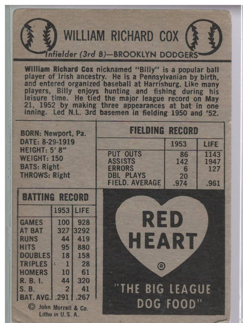 1954 Red Heart #4 Billy Cox back image