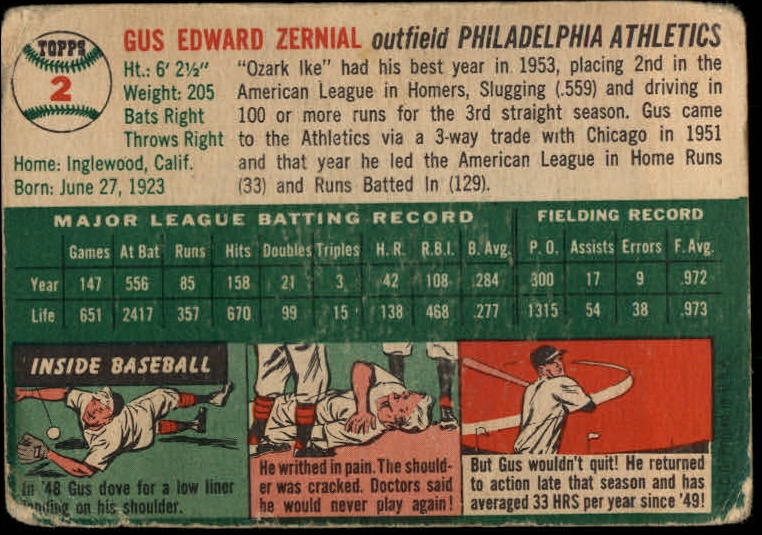 1954 Topps #2 Gus Zernial back image