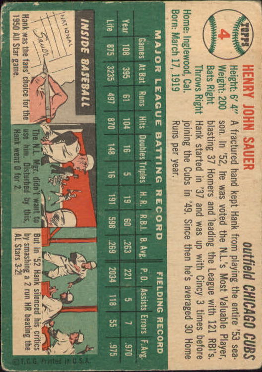 1954 Topps #4 Hank Sauer back image