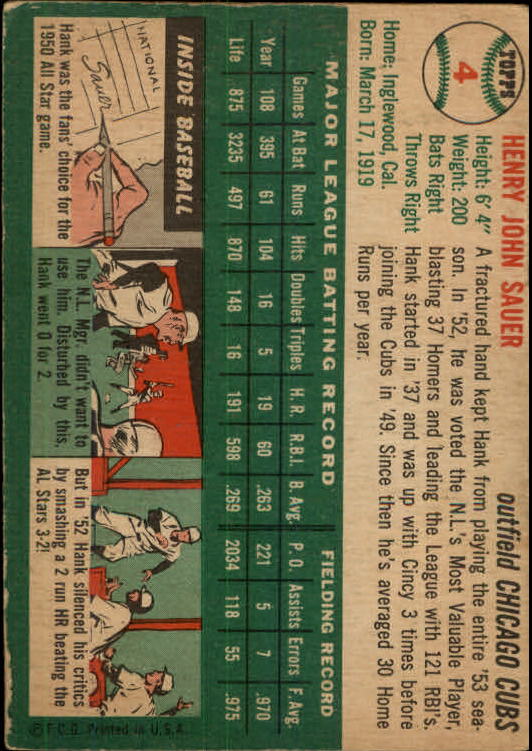 1954 Topps #4 Hank Sauer back image