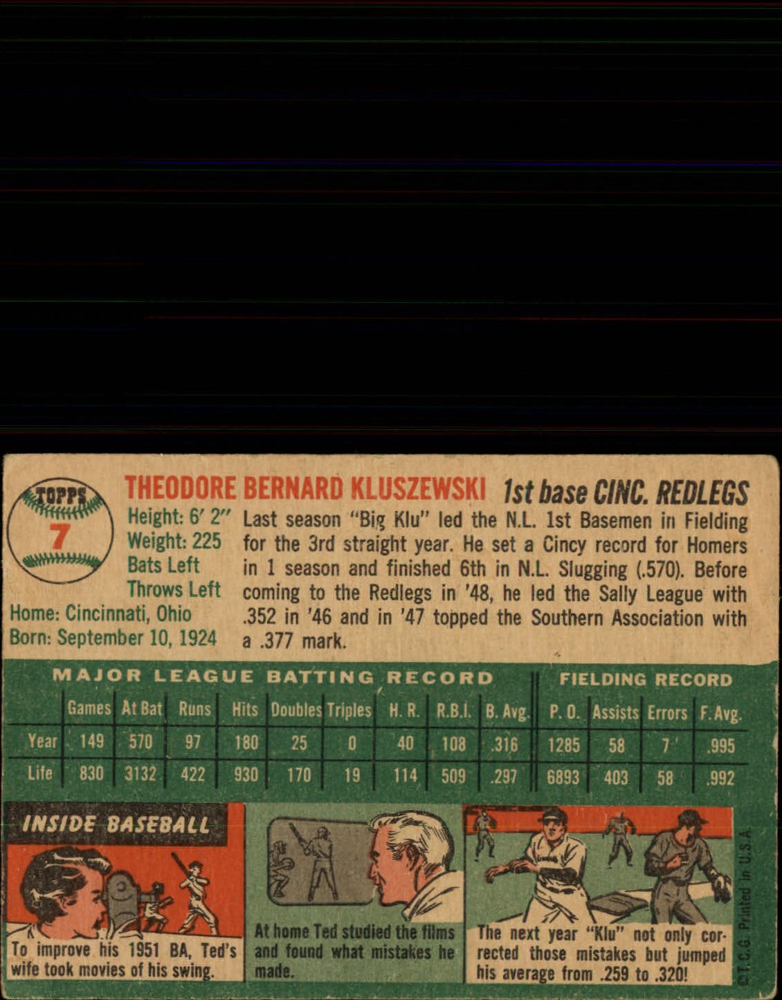 1954 Topps #7 Ted Kluszewski back image