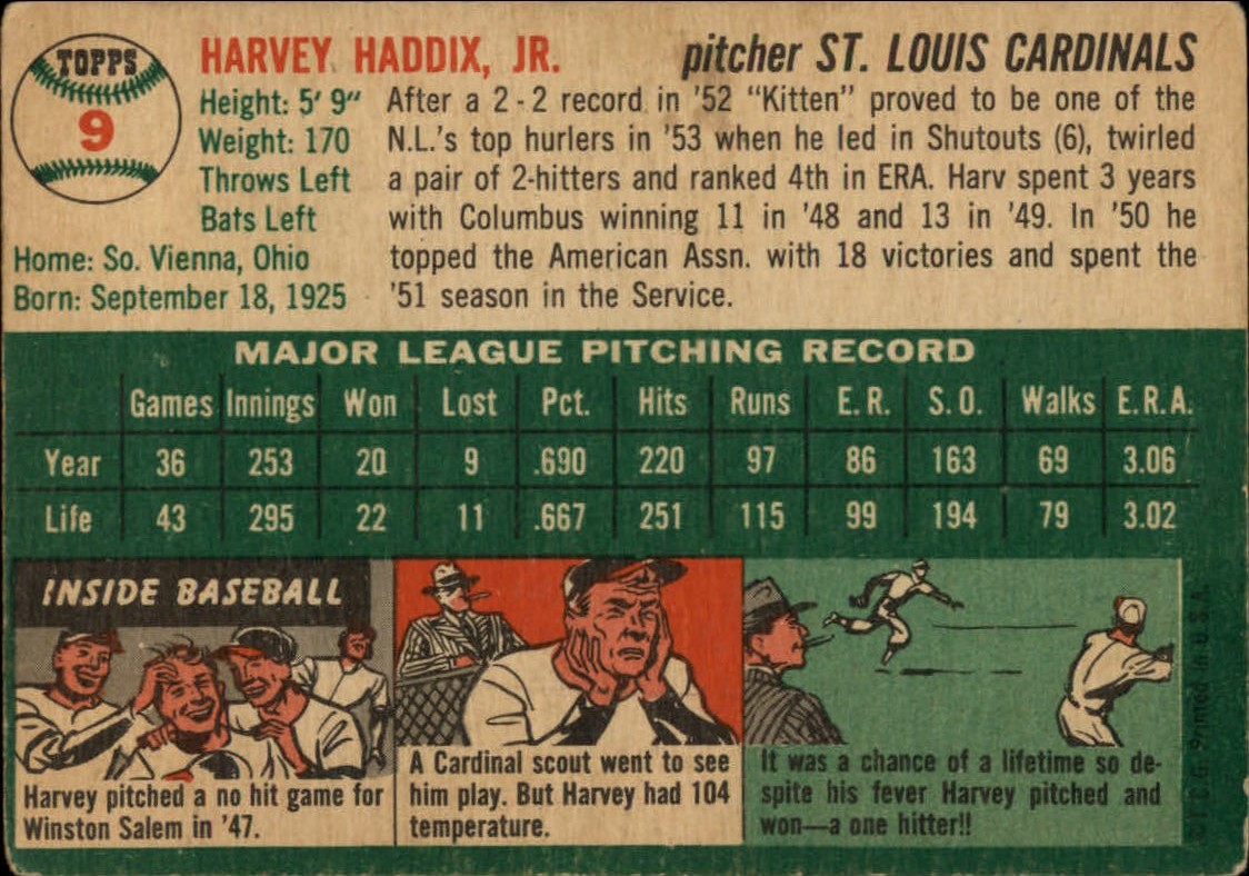1954 Topps #9 Harvey Haddix back image