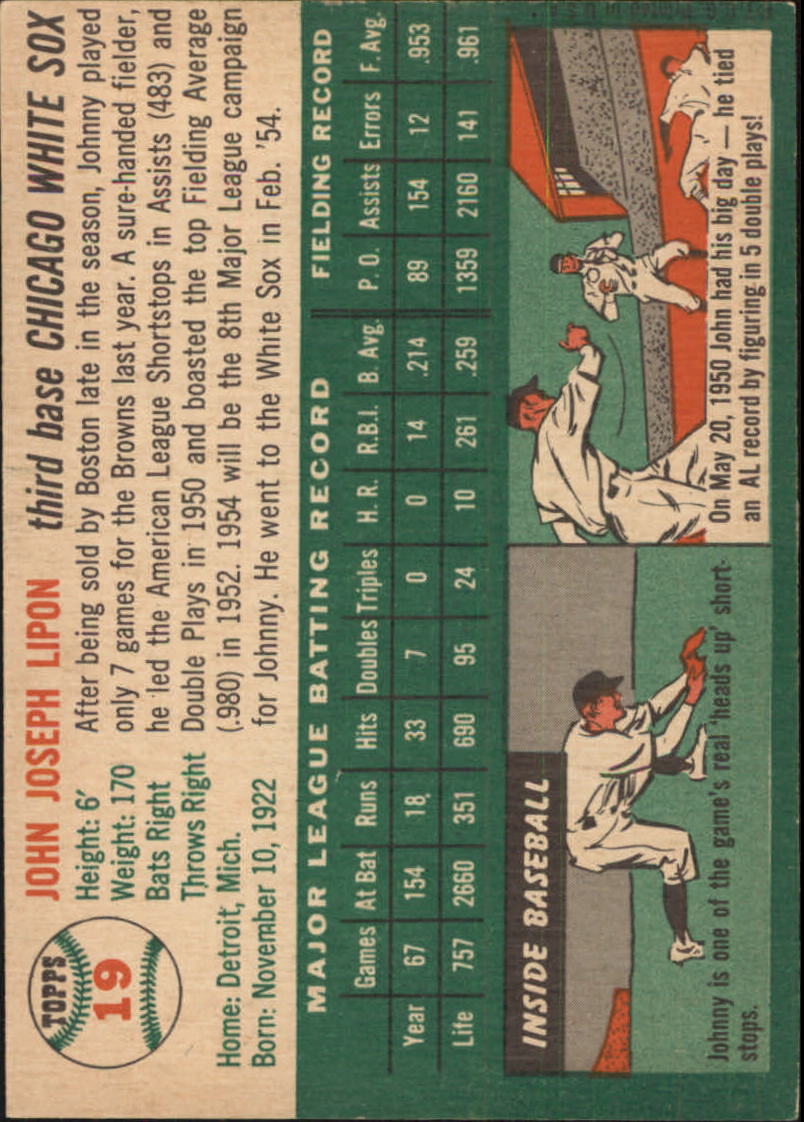 1954 Topps #19 Johnny Lipon/Orioles Team Name on Front/White Sox team on Back/Wearing a Red Sox cap back image