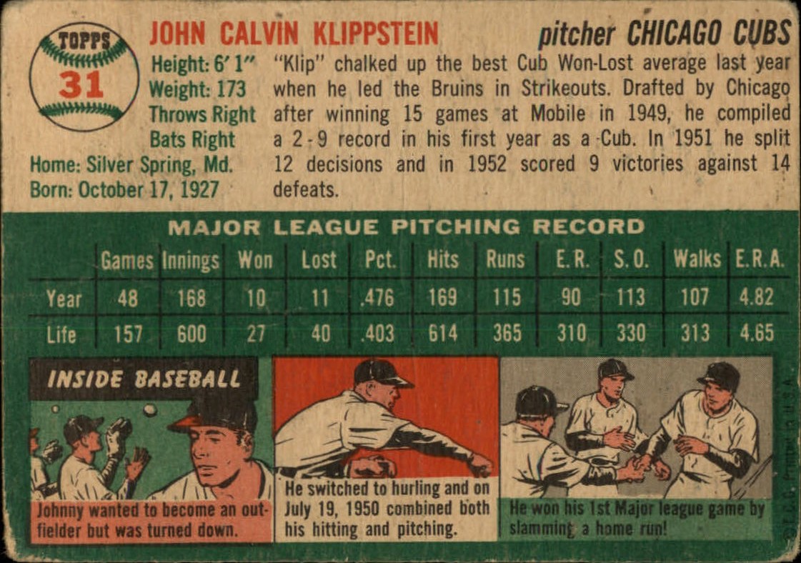 1954 Topps #31 Johnny Klippstein back image