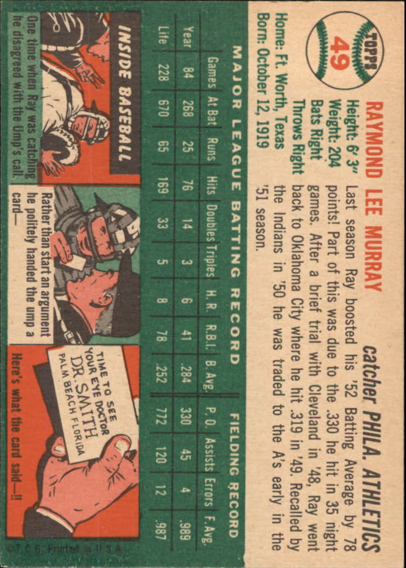 1954 Topps #49 Ray Murray back image